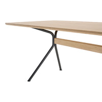 Natural wood tabletop with a smooth finish, supported by sleek black metal legs. Minimalist design with modern elegance.