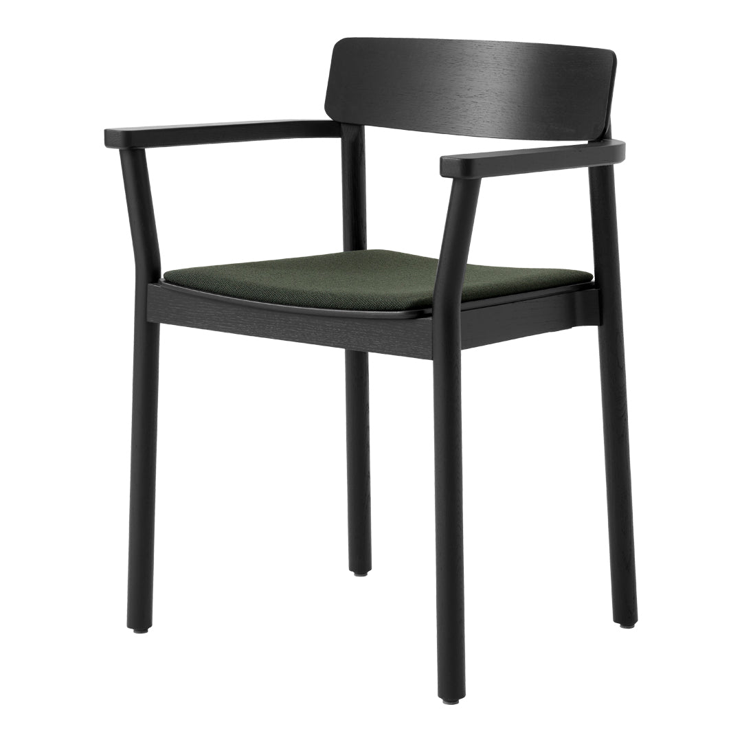 Black wooden chair with a dark green upholstered seat. Sleek, modern design with clean lines and minimal patterns.
