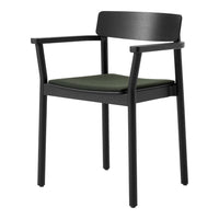 Black wooden chair with a dark green upholstered seat. Sleek, modern design with clean lines and minimal patterns.