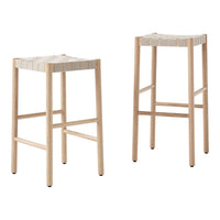Light wooden bar stools with a natural finish and woven beige seat pattern. Perfect for modern and minimalist decor.
