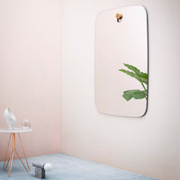 Sleek rectangular mirror with a subtle black frame and natural wood accent, reflecting a soft pastel wall and greenery.