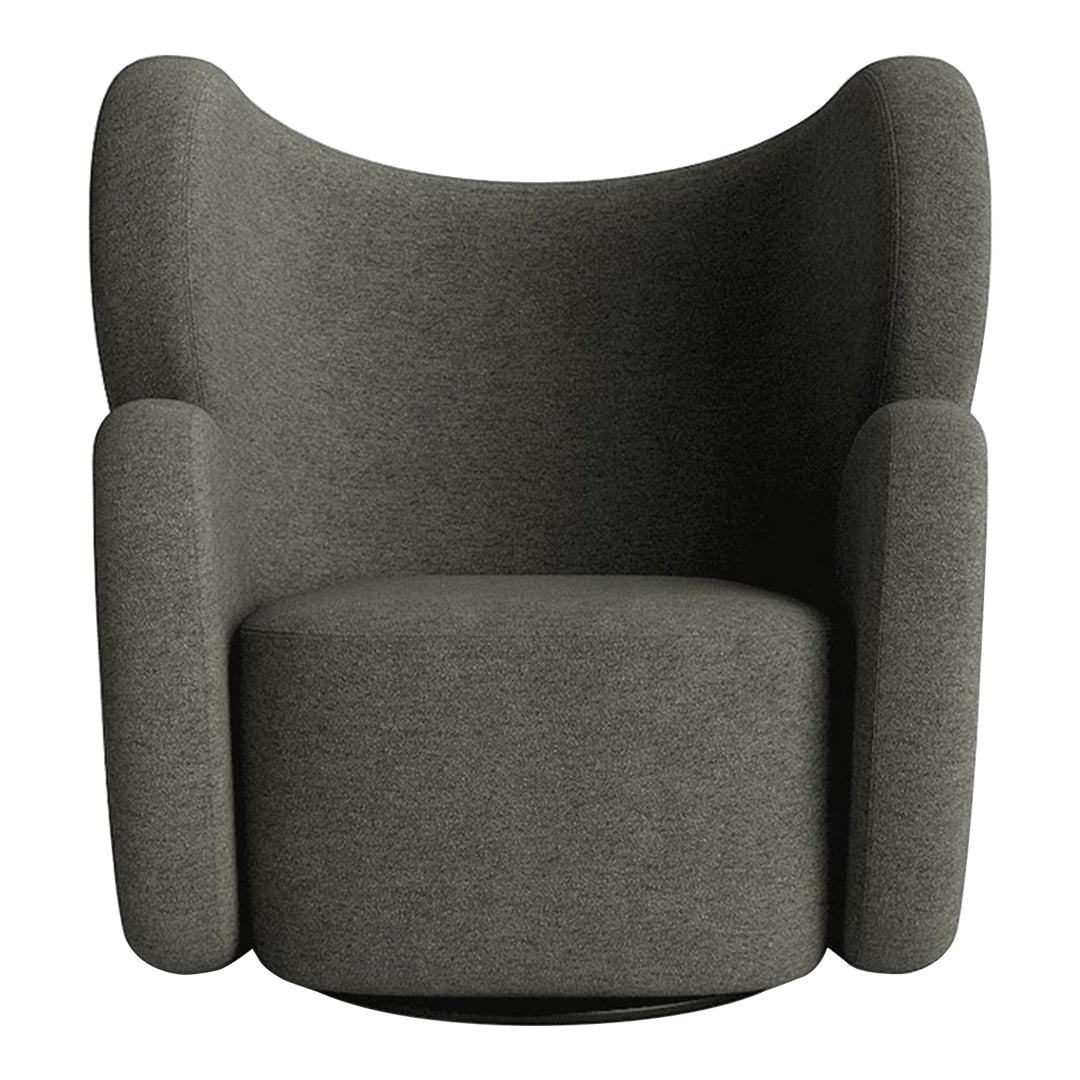 Modern gray upholstered swivel chair with smooth, rounded edges and a minimalist design. Perfect for contemporary spaces.