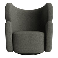 Modern gray upholstered swivel chair with smooth, rounded edges and a minimalist design. Perfect for contemporary spaces.