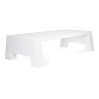 Sleek white table with a minimalist design, featuring clean lines and a smooth, glossy finish. Perfect for modern spaces.