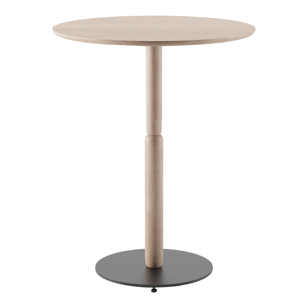 Round wooden bar table with a light beige top and a sleek black metal base, minimalistic design with a modern touch.