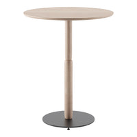 Round wooden bar table with a light beige top and a sleek black metal base, minimalistic design with a modern touch.
