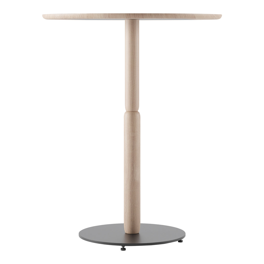 Light wood tabletop with a smooth finish and sleek black metal base, featuring a minimalist design.