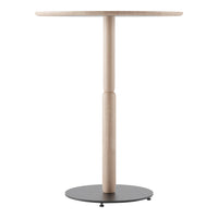 Light wood tabletop with a smooth finish and sleek black metal base, featuring a minimalist design.