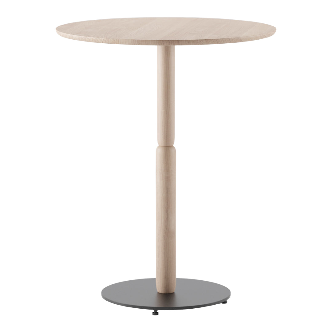 Round wooden table with a light wood finish and a sleek black metal base. Simple, modern design with clean lines.