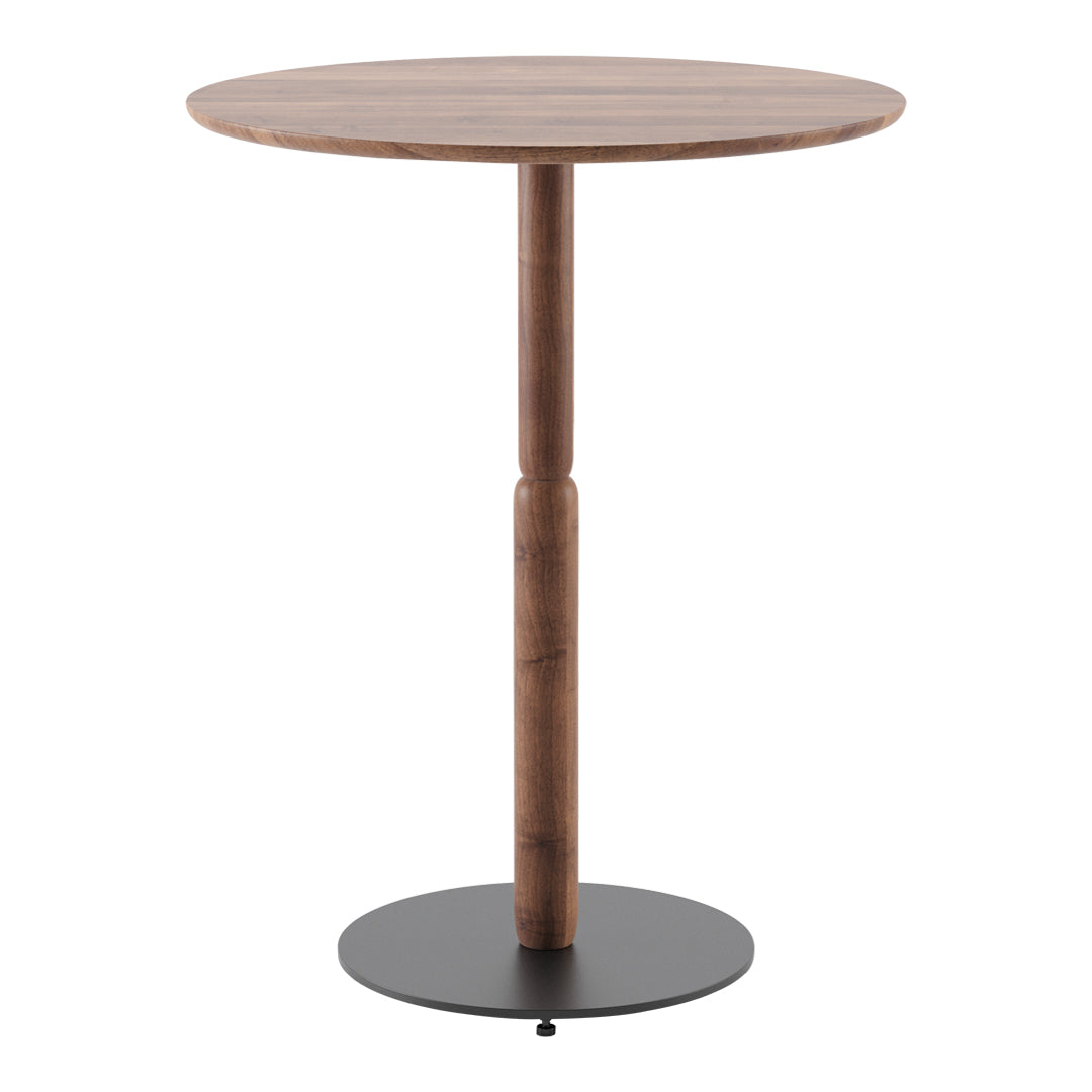 Round wooden bar table featuring a walnut finish and a sleek black metal base, perfect for modern dining spaces.