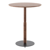 Round wooden bar table featuring a walnut finish and a sleek black metal base, perfect for modern dining spaces.