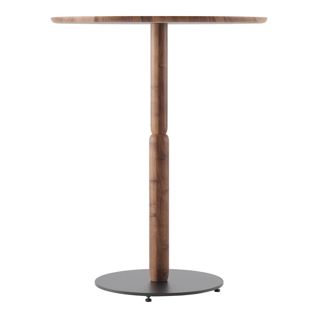 Round wooden bar table with a natural finish and black metal base, showcasing a sleek, modern design.