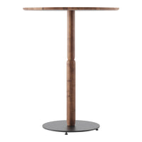 Round wooden bar table with a natural finish and black metal base, showcasing a sleek, modern design.