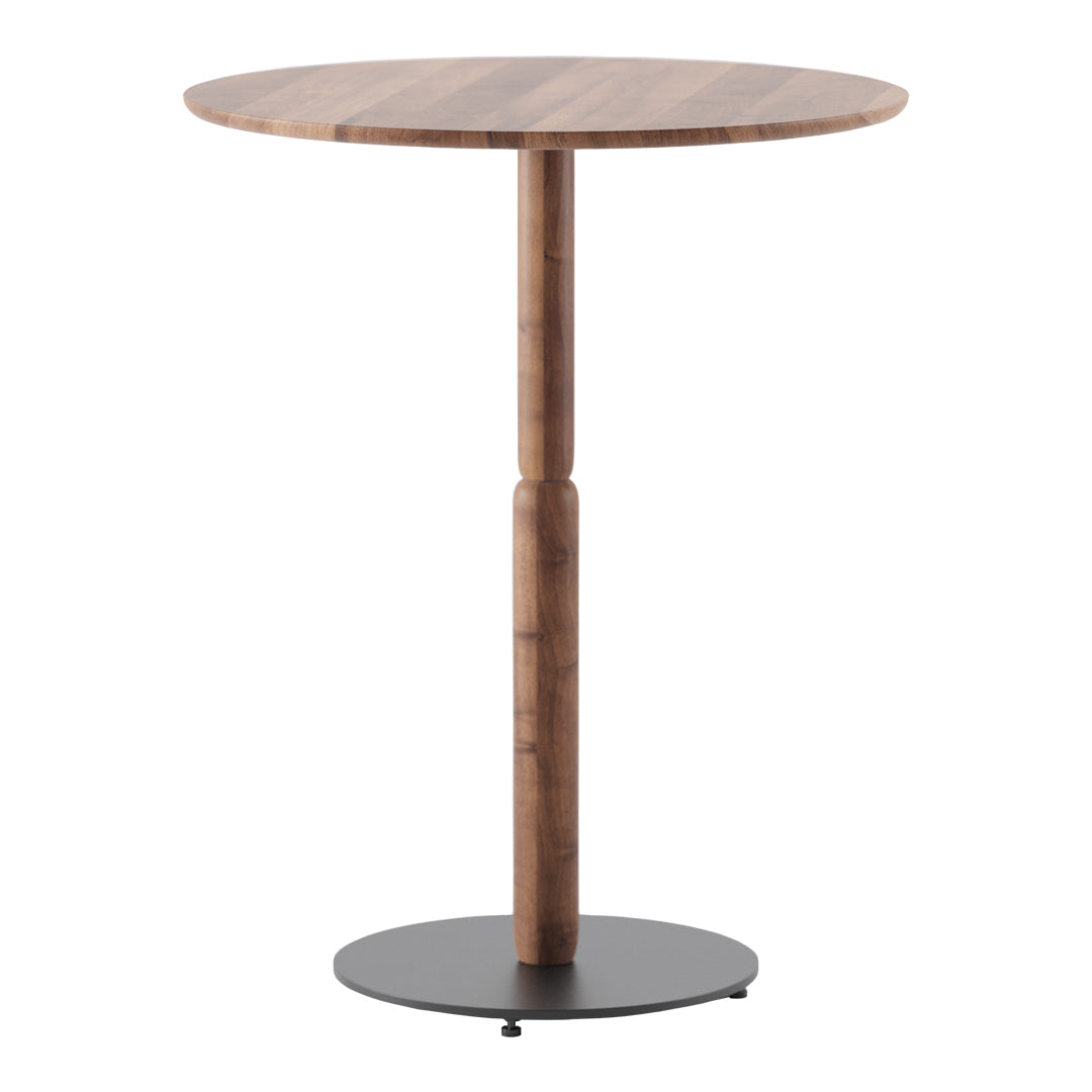 Round wooden bar table with a natural wood finish and a sleek black base, featuring a minimalist design.