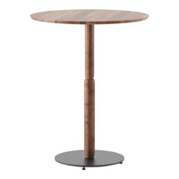 Round wooden bar table with a natural wood finish and a sleek black base, featuring a minimalist design.
