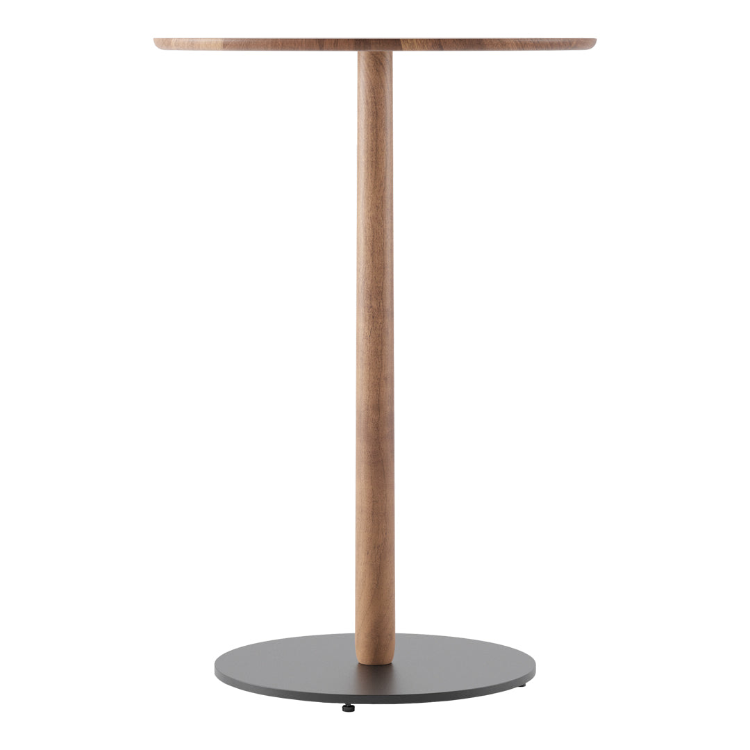 Natural wood top with a sleek round black base, featuring a minimalist design and modern aesthetic.