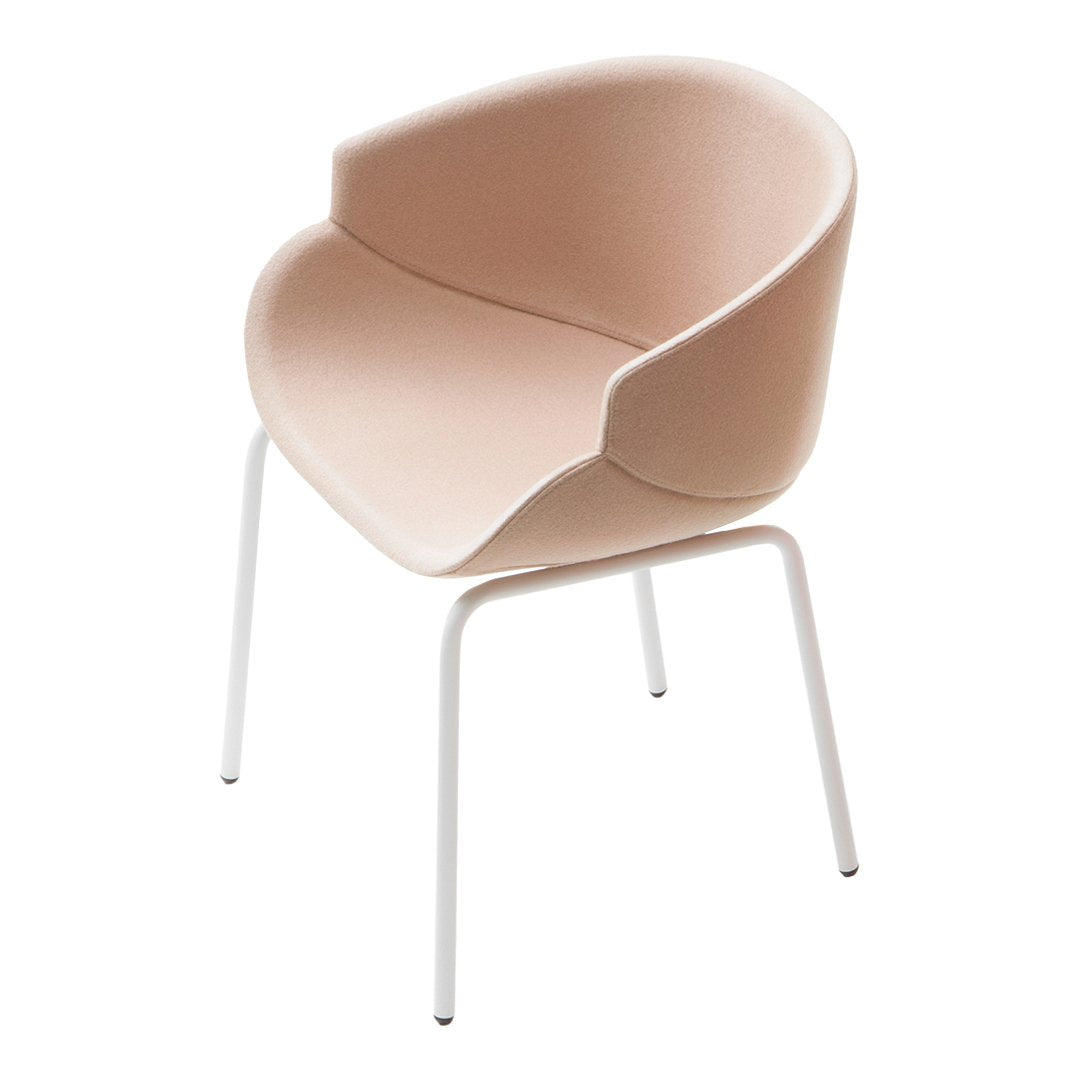 Soft pastel pink chair with smooth curves and minimalist white metal legs, perfect for modern decor.