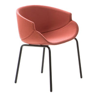 Coral pink upholstered chair with sleek black metal legs, featuring a smooth, minimalist design.