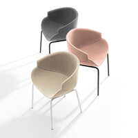 Three modern chairs in gray, light pink, and beige with seamless, curved patterns on sleek metal legs.