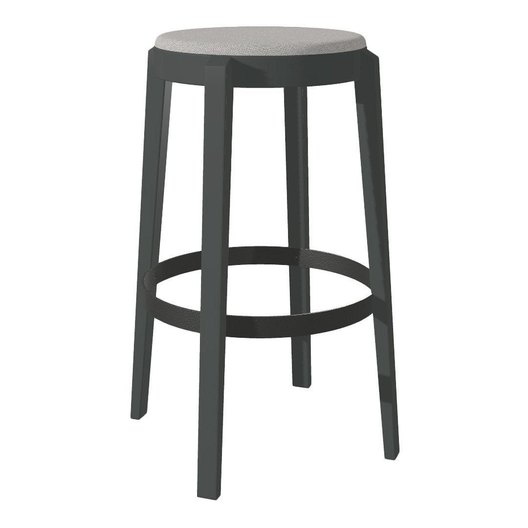 Gray wooden seat with a sleek black frame, featuring a minimalist design for modern decor.