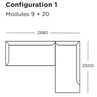 L-shaped sectional sofa blueprint with precise measurements, featuring a minimalist design in neutral colors.