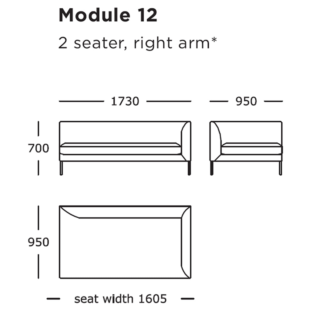 Modular 2-seater sofa with sleek lines and minimalistic design in a solid color, ideal for modern interiors.