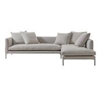Light gray fabric sofa with plush cushions and sleek metal legs, featuring a minimalist design. Perfect for modern decor.