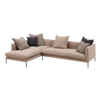Beige modular sofa with dark gray and light brown accent pillows. Simple, modern design with clean lines.