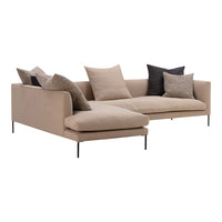 Beige sectional sofa with textured gray and black accent pillows, featuring clean lines and modern design.