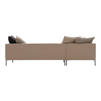 Beige sofa with contrasting black and gray accent pillows, featuring a minimalist design and sleek metal legs.
