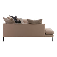 Beige modern sofa with black and textured throw pillows, showcasing a minimalist design and sleek lines.