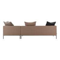 Beige sofa with minimalist design, featuring black and brown throw pillows for a modern touch.