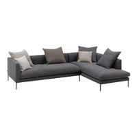 Gray sectional sofa with a textured fabric and decorative neutral throw pillows in various shades. Modern, minimalist design.