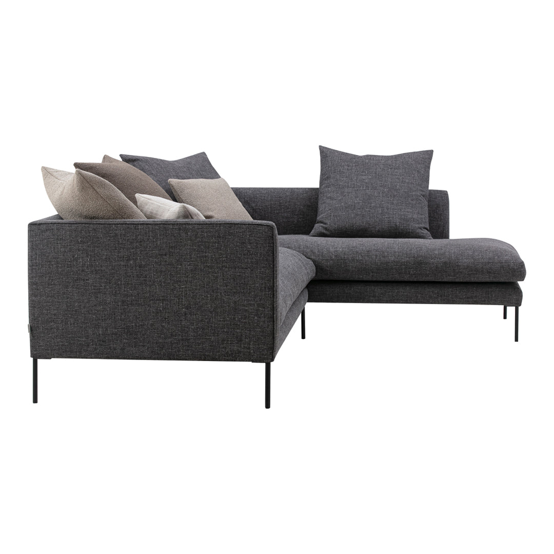 Dark gray sectional sofa with textured fabric and neutral-toned throw pillows on sleek black legs.
