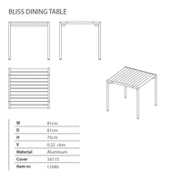 "Bliss dining table line drawing; minimalist design with clean lines and slatted pattern, featuring an aluminum frame."