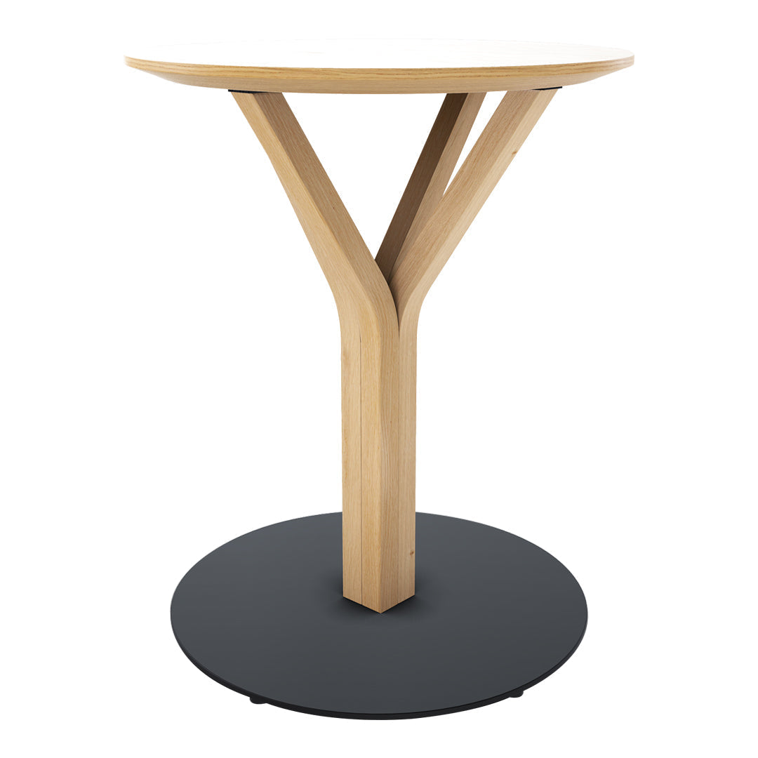 Natural wood finish with a sleek, dark circular base; minimalist design featuring a unique Y-shaped leg pattern.