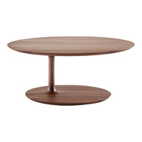 Wooden round coffee table in rich walnut finish with smooth surface and minimalistic design.