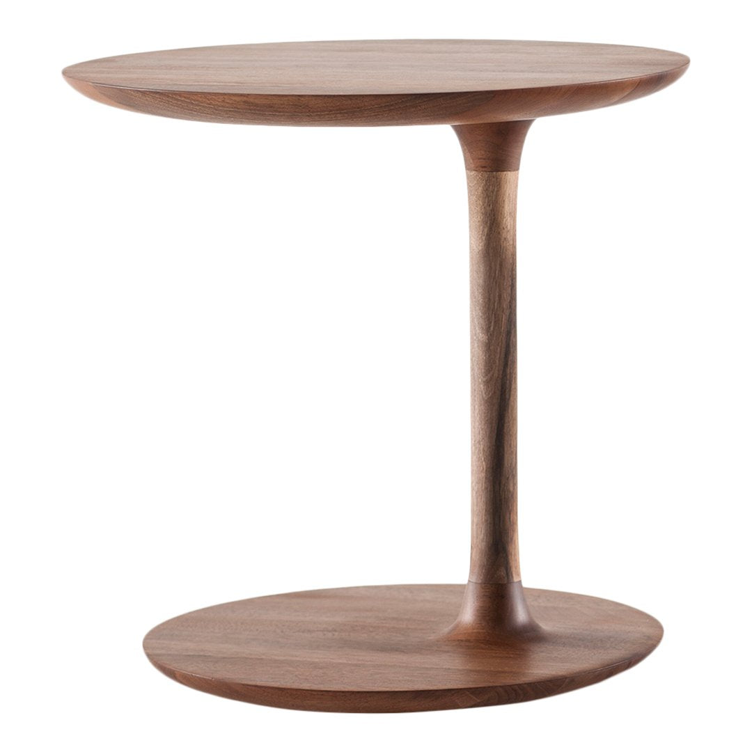Wooden side table with a smooth walnut finish and minimalist design, featuring round tabletops and a sleek, curved base.