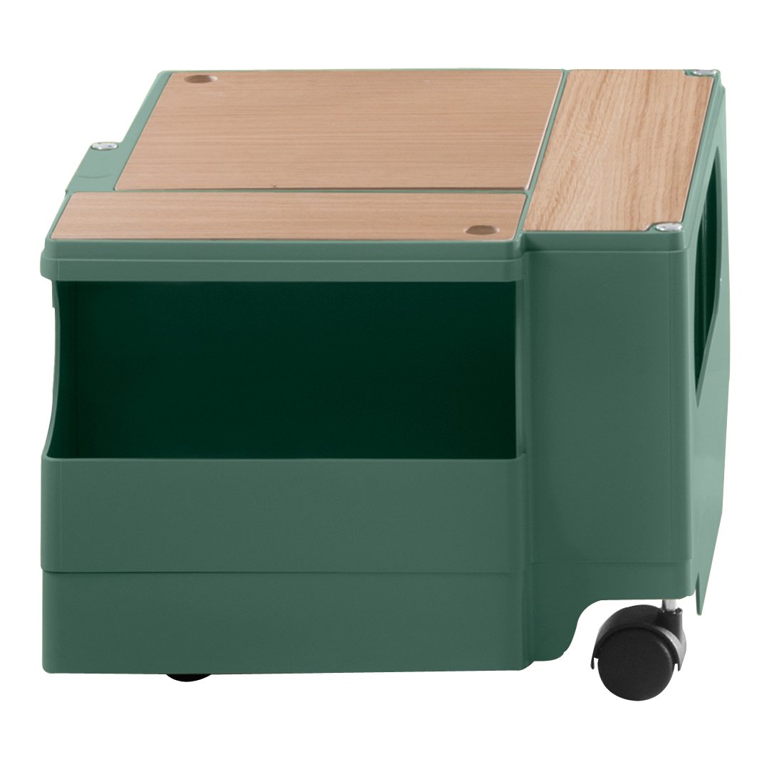 Green storage cube with wooden top, featuring a smooth, modern design and contrasting colors for versatility.