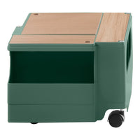 Green storage cube with wooden top, featuring a smooth, modern design and contrasting colors for versatility.