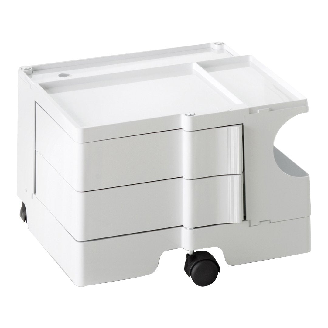 White multi-drawer storage organizer with sleek design and smooth surface, featuring black wheels for easy mobility.