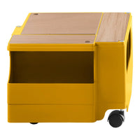 Yellow storage cart with natural wood top, featuring a sleek, modern design and practical open storage.