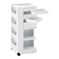 White storage cart with multiple drawers featuring a sleek, modern design and minimalistic patterns. Perfect for organization.