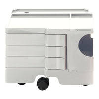 Gray storage cart with a sleek, modern design featuring smooth surfaces and horizontal lines.