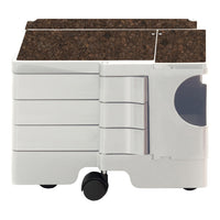 White storage cart with a dark brown textured top, featuring sleek lines and a modern design.