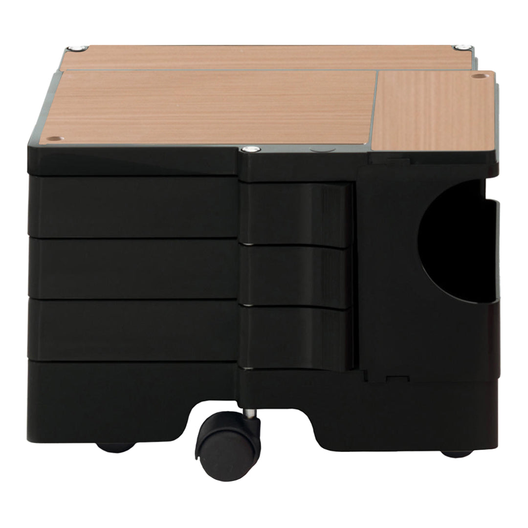Black storage cart with a wood-patterned top and sleek lines, features rolling wheels for mobility.