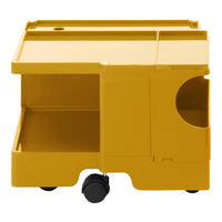 Bright yellow storage cart with a smooth surface and modern design, featuring multiple compartments and rolling wheels.
