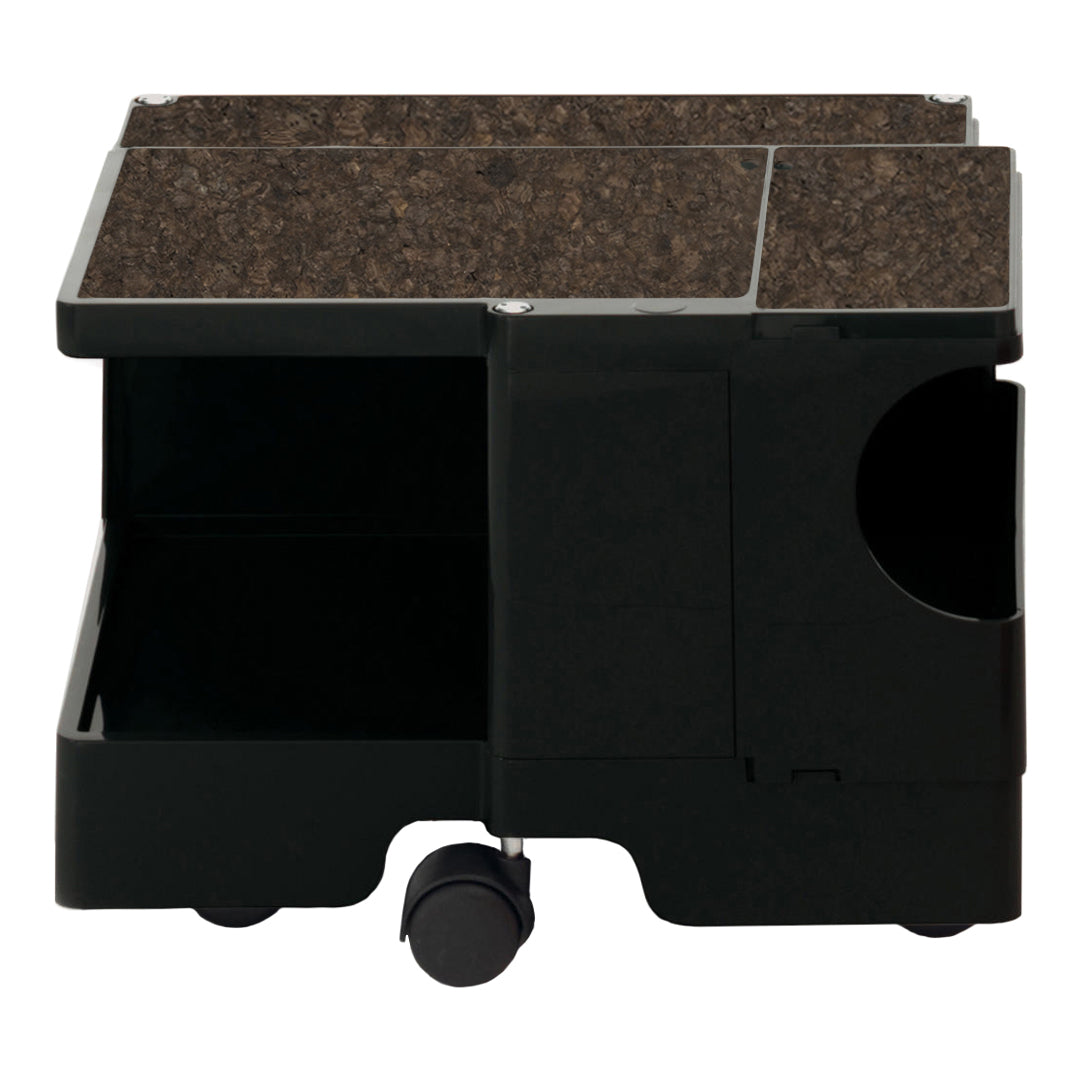 Black storage cart with textured dark brown cork top and sleek design, featuring four wheels for mobility.