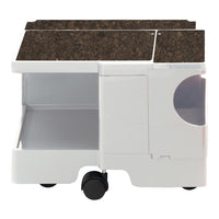 White rolling cart with dark cork top, featuring a sleek design and functional storage compartments.