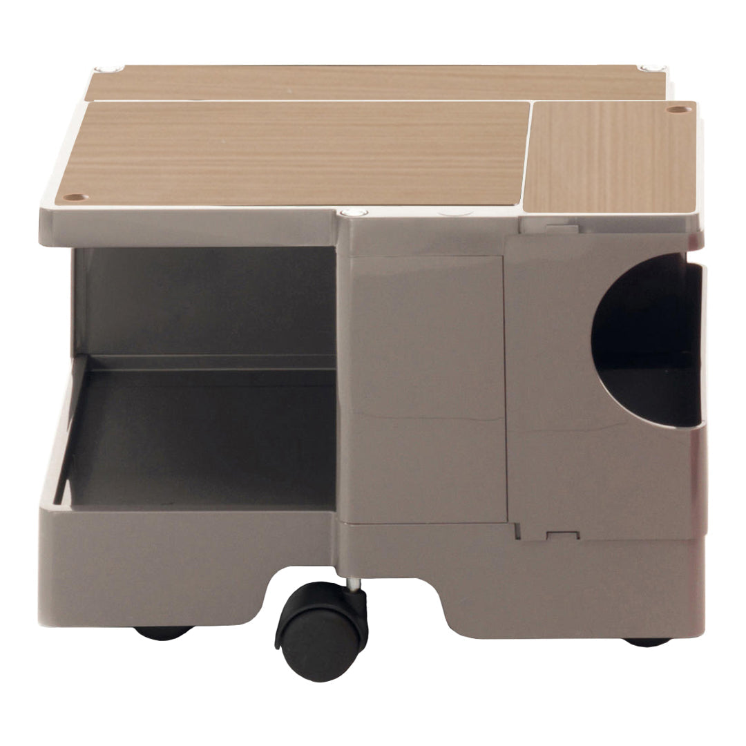Grey storage cart with a light wood top and smooth lines, featuring a modern design and practical wheels.